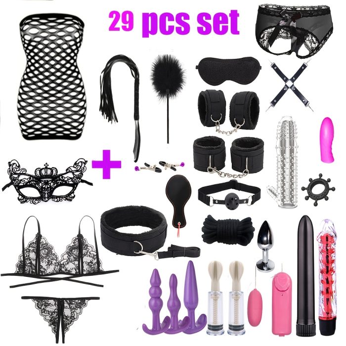 Bondage Kit 29pcs Bondage Kit - Bed Bondage Sex Toys for Women and Couples - Cuffs Blindfolded Spanking Clap Black - Image 3