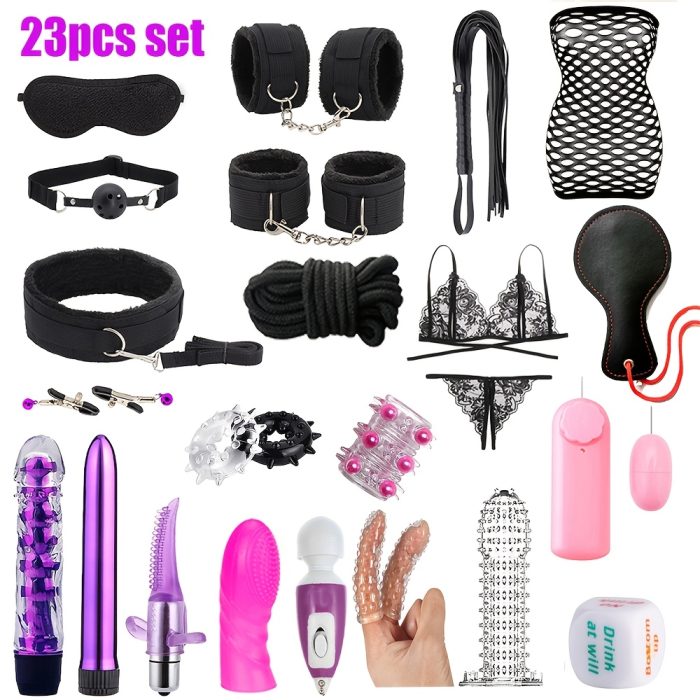 23pcs Bondage Sex Kit ForCouples-Beginners Set with Vibrators, Lingerie.Handcuffs, Whip, Blindfold & More - Image 5