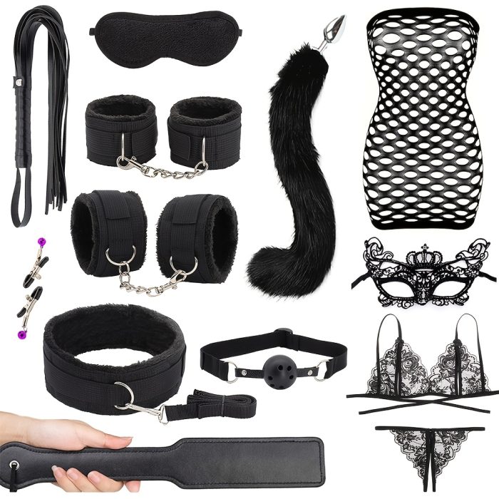 14pcs Sexy Toy Set: Fox Tail Butt Plug with Bodycon Skirt, Mask for Role Reversal, Anal Plug, Bondage Restraint Tools | Adult Play Cuffs, Blindfold, Spanking Accessories - Image 2