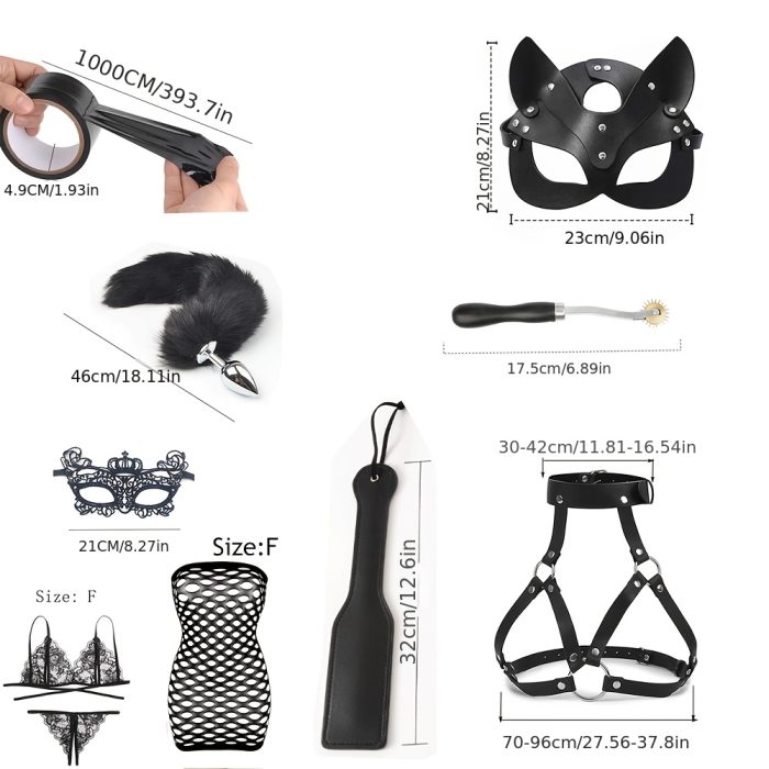 14pcs Sexy Toy Set: Fox Tail Butt Plug with Bodycon Skirt, Mask for Role Reversal, Anal Plug, Bondage Restraint Tools | Adult Play Cuffs, Blindfold, Spanking Accessories - Image 4
