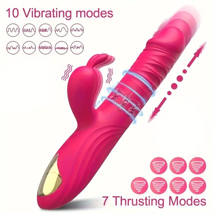 Thrusting Rabbit Vibrator Anal Butt Plug Dildo, G Spot Clitoral Vibrators Rechargeable Realistic Dildo with 3 Telescopic & 10 Vibrating Modes, Clit Nipples Massager Anus Vagina G-Spot Stimulator, Rose Red Adult Sex Toys for Women Men Couples - Image 2