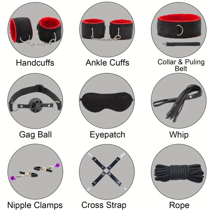 11pcs  Bed Restraints Sex Toys Bondage Kit for Couples Restraints Set Kinky Toys with Nipple Clamp Handcuffs Collar Ankle Cuff Blindfold Tickler Gag Ball - Image 8