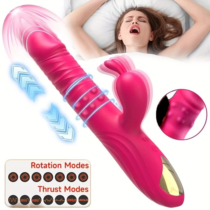 Thrusting Rabbit Vibrator Anal Butt Plug Dildo, G Spot Clitoral Vibrators Rechargeable Realistic Dildo with 3 Telescopic & 10 Vibrating Modes, Clit Nipples Massager Anus Vagina G-Spot Stimulator, Rose Red Adult Sex Toys for Women Men Couples - Image 3