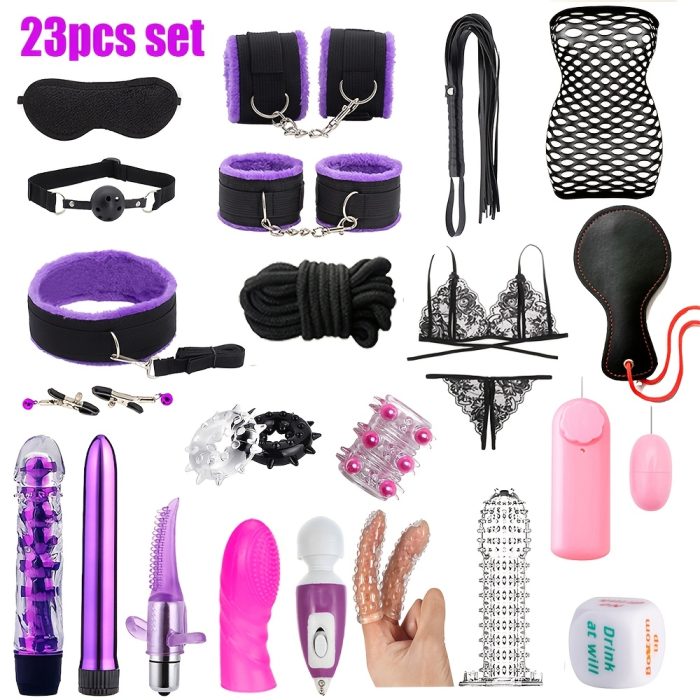 23pcs Bondage Sex Kit ForCouples-Beginners Set with Vibrators, Lingerie.Handcuffs, Whip, Blindfold & More - Image 7