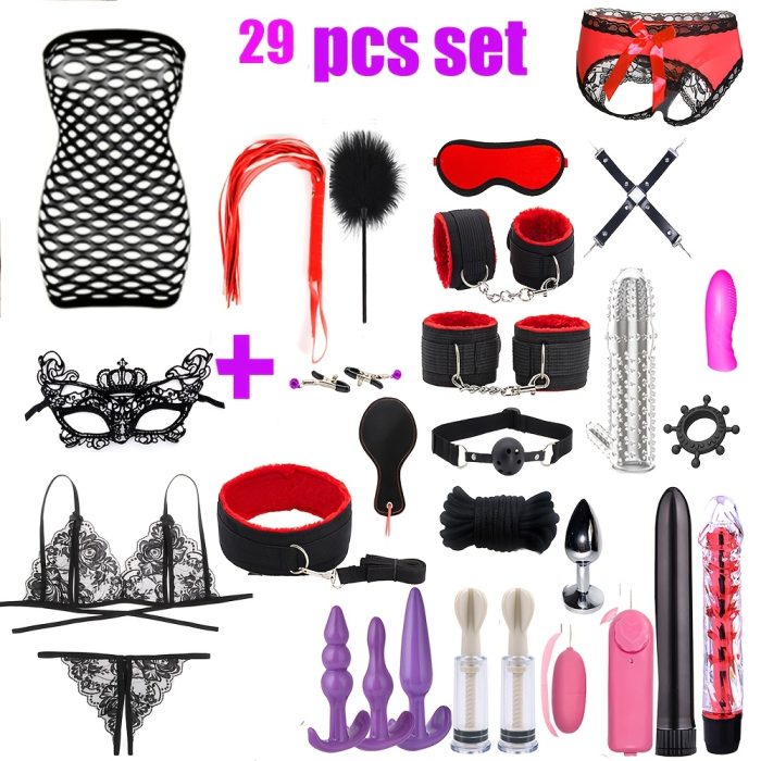 Bondage Kit 29pcs Bondage Kit - Bed Bondage Sex Toys for Women and Couples - Cuffs Blindfolded Spanking Clap Black - Image 2