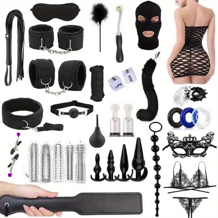 14pcs Sexy Toy Set: Fox Tail Butt Plug with Bodycon Skirt, Mask for Role Reversal, Anal Plug, Bondage Restraint Tools | Adult Play Cuffs, Blindfold, Spanking Accessories - Image 8
